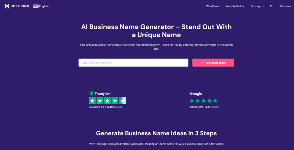 Los mejores Generadores IA gratuitos de nombres de empresas para potenciar tu startup 1 Generadores IA gratuitos de nombres de empresas - Hostinger - Un sitio web de startups que presenta un generador de nombres de empresas con tecnología avanzada de IA.
