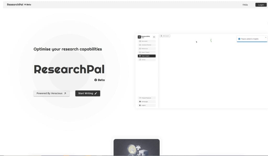 ResearchPal herramienta IA de investigación gratuita -  Una captura de pantalla del sitio web ResearchPal que muestra su herramienta gratuita de investigación de IA y su amplia experiencia laboral.
