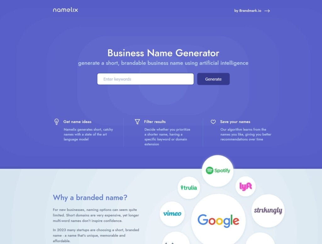 Generadores IA gratuitos de nombres de empresas -Namelix- -- Tema generador de nombres comerciales para WordPress, diseñado para ayudarte a encontrar el nombre perfecto para tu startup y potenciar tu negocio con generadores gratuitos impulsados por IA.