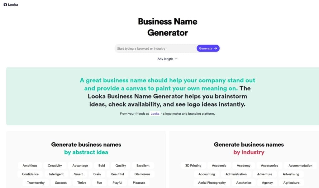 Generadores IA gratuitos de nombres de empresas -Looka -- Generadores IA para startup nombres de empresas.