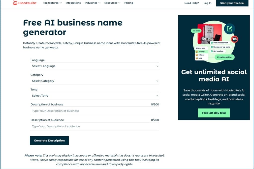 Generadores IA gratuitos de nombres de empresas -Hootsuite -- Generador de nombres comerciales de IA gratuito para nuevas empresas.