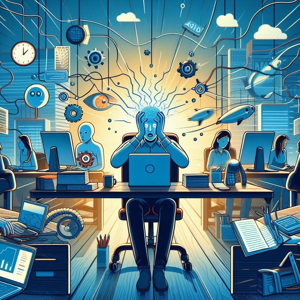 Tendencias de Inteligencia Artificial en 2024 -- Nuevas soluciones de IA provocaran efectos semejantes a ChatGPT -- Una ilustración de un hombre trabajando en un escritorio que muestra las tendencias actuales en Inteligencia Artificial para el año 2024.