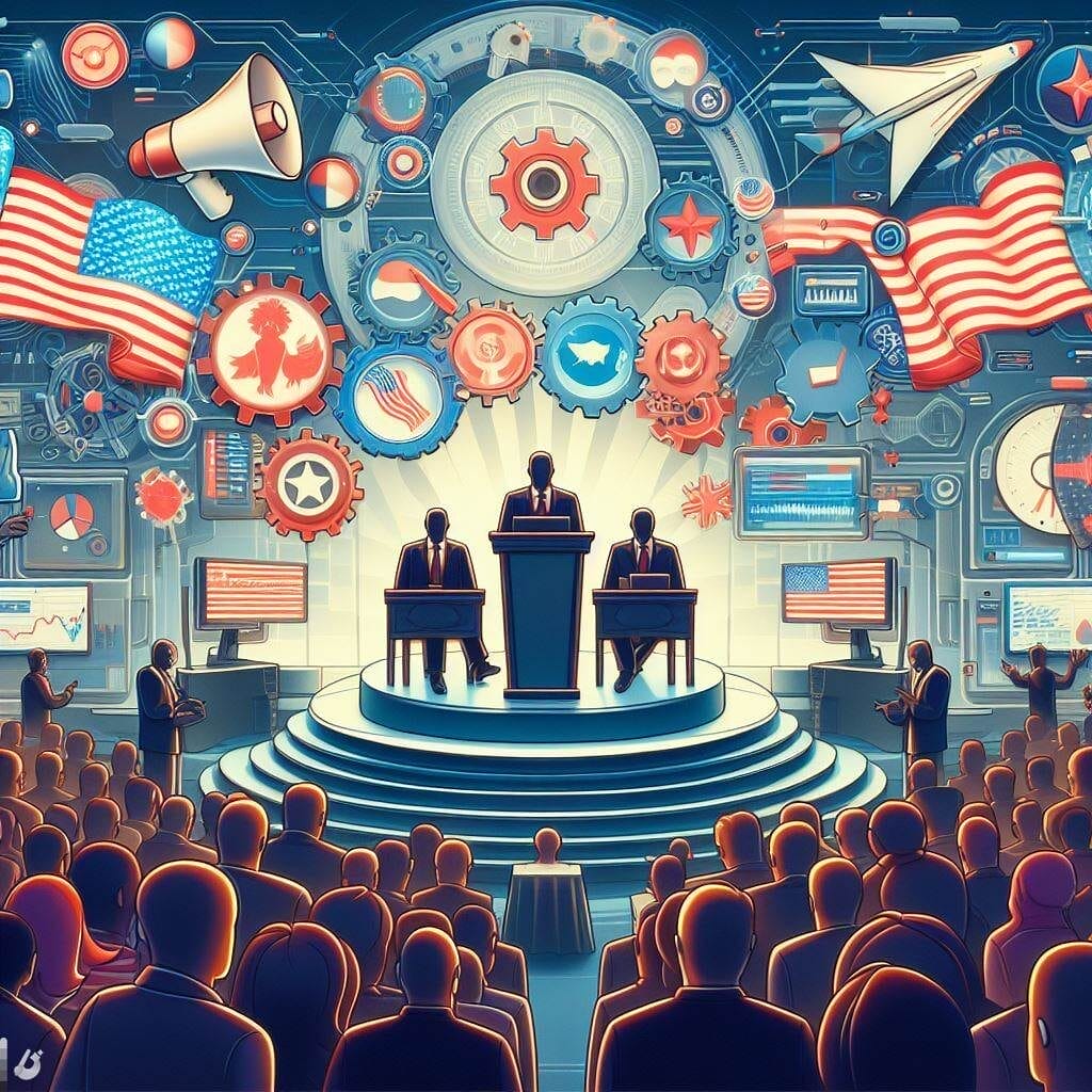 Tendencias de Inteligencia Artificial en 2024 -- Podrá condicionar las elecciones americanas -- Una ilustración de un grupo de personas frente a una bandera estadounidense, destacando las tendencias de 2024 en Inteligencia Artificial.