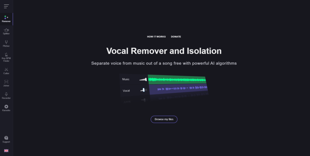7 increíbles herramientas de IA de audio  - Vocal Remover -- Una captura de pantalla que muestra las herramientas de audio y la solución de inteligencia artificial para mejorar la calidad de la voz.