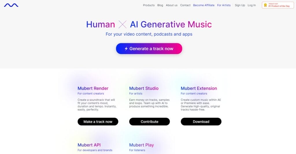 7 increíbles herramientas de IA de audio  -  Mubert -- Un sitio web que utiliza IA para generar y mejorar sonidos musicales en general.