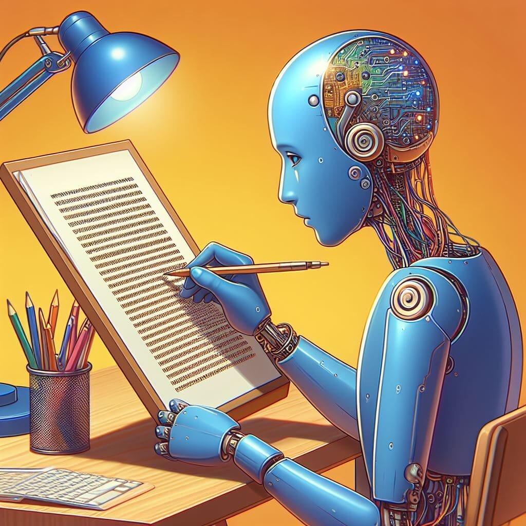 Cómo ajustar la IA para escribir en tu estilo --La personalización de la IA en la escritura es donde brillan los modelos ajustados-  Un robot escribiendo en un escritorio con una lámpara.