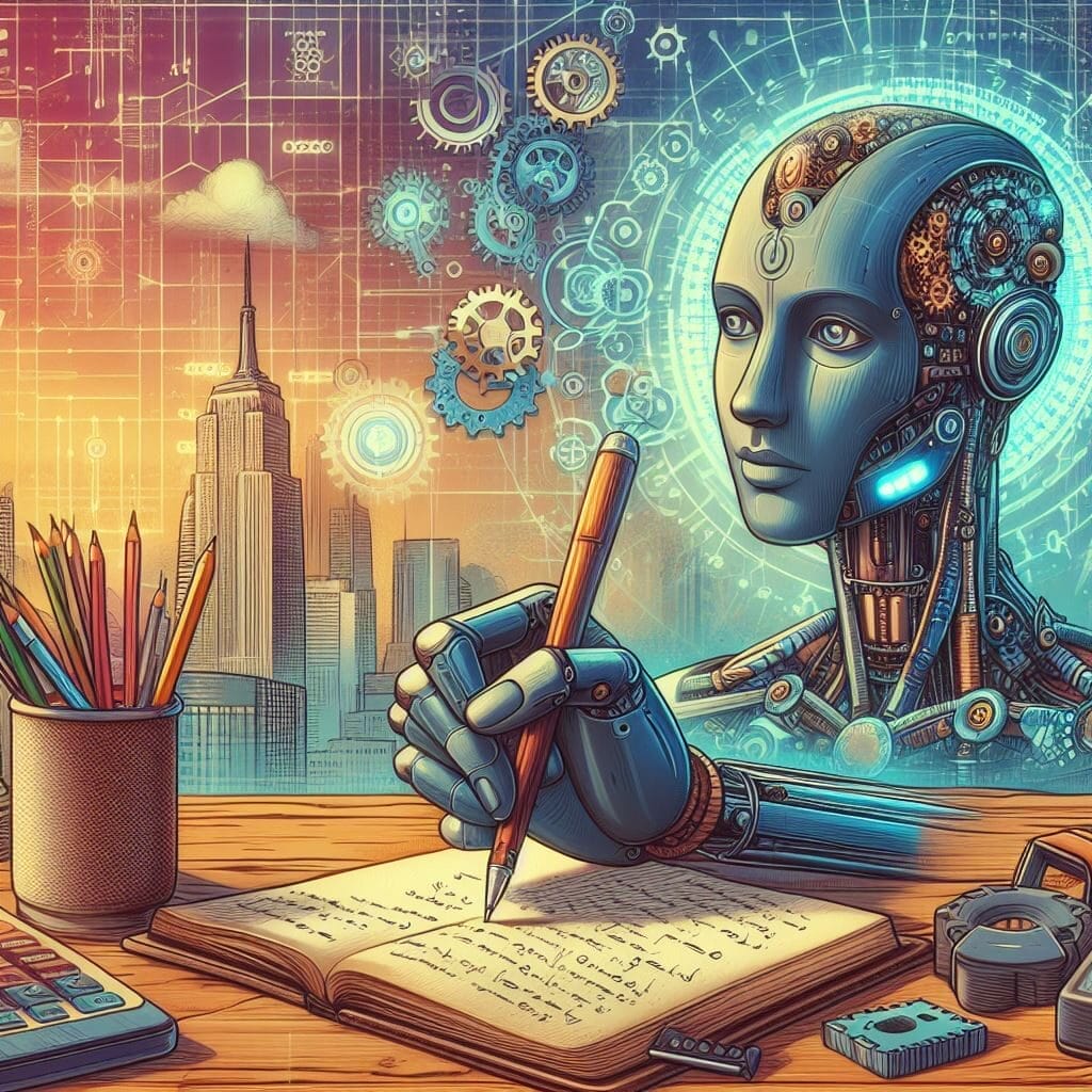 Cómo ajustar la IA para escribir en tu estilo --El ajuste fino de la IA para obtener resultados más refinados -- Descripción: Una ilustración de un robot sentado en un escritorio y escribiendo en estilo con IA.