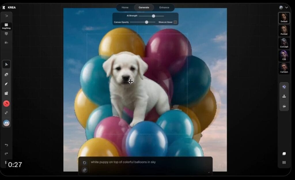 Krea AI inteligencia artificial española : Nuevas funcionalidades de forma regular - Una foto de un perro con globos y KREA.