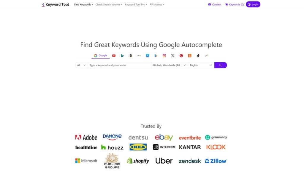 Herramientas gratuitas de investigación de palabras clave - Keywordtool.io -- Descripción: Una captura de pantalla de una página con el texto 'encuentra palabras claves geniales usando el autocompletado de Google'.