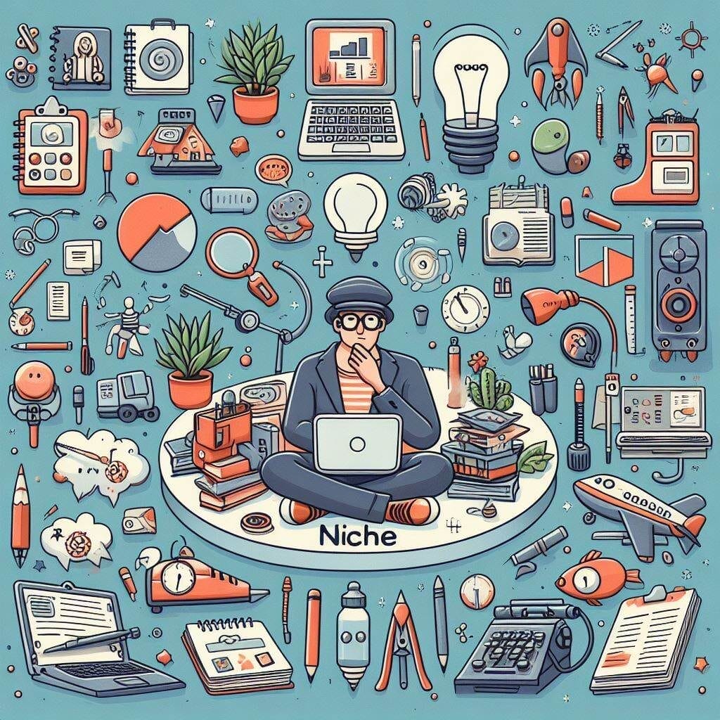 Selección de nicho para crear un blog exitoso -- Consideraciones al elegir un nicho - Una serie de garabatos que muestran a un hombre trabajando diligentemente en una computadora portátil mientras explora nichos para la creación de blogs.