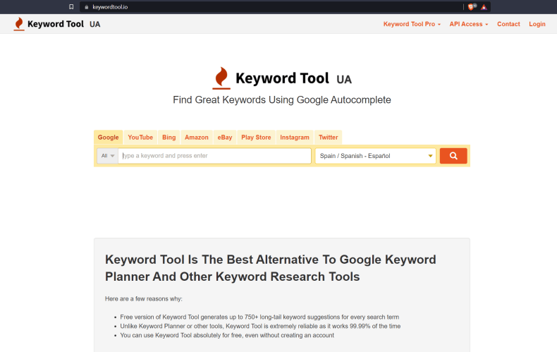 Mejores herramientas gratuitas de búsqueda de palabras clave Keywordtool