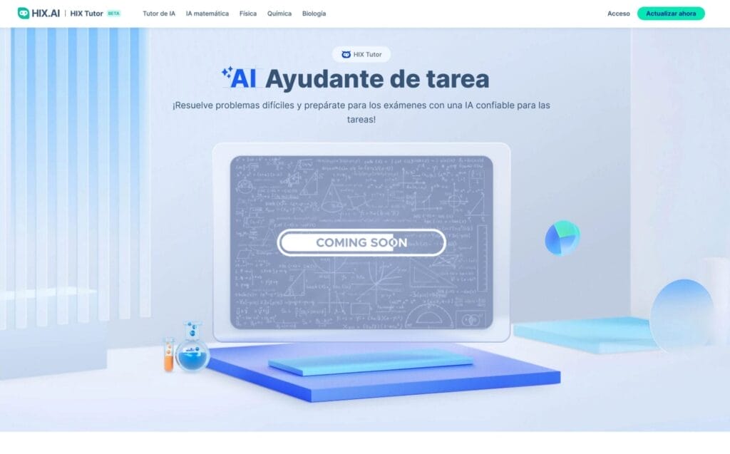 Las 10 mejores herramientas de ayuda para tareas de IA -- ￼HIX Tutor  -- Descripción modificada: Una imagen promocional que muestra herramientas de ayuda para tareas de IA con un letrero de 'próximamente' en una pantalla de computadora