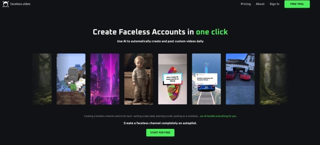 Herramientas de IA que Debes Probar: Faceless.video -- Captura de pantalla de la página web con el texto "Crear cuentas sin rostro en un clic", que muestra imágenes de arte digital. Al utilizar las herramientas de IA, se pueden ver las opciones para registrarse o iniciar una prueba gratuita.