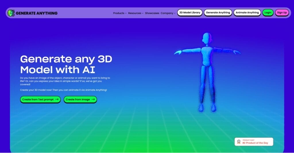 Más Allá de ChatGPT: Tres Herramientas de IA que Debes Probar - La interfaz del sitio web ofrece herramientas para crear modelos 3D con IA. Presenta una figura humanoide azul a la derecha, junto con botones para crear modelos a partir de indicaciones de texto o imágenes.