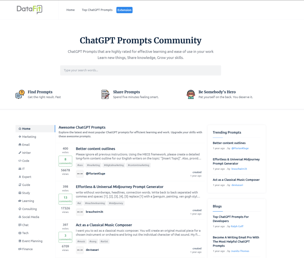 Una página web que muestra una vibrante comunidad de mensajes de ChatGPT que incluye secciones para buscar, compartir y marcar tendencia en los mensajes. A la izquierda, descubre diversas categorías de temas para transformar tu experiencia con herramientas de IA que mejoran tu vida sin problemas.