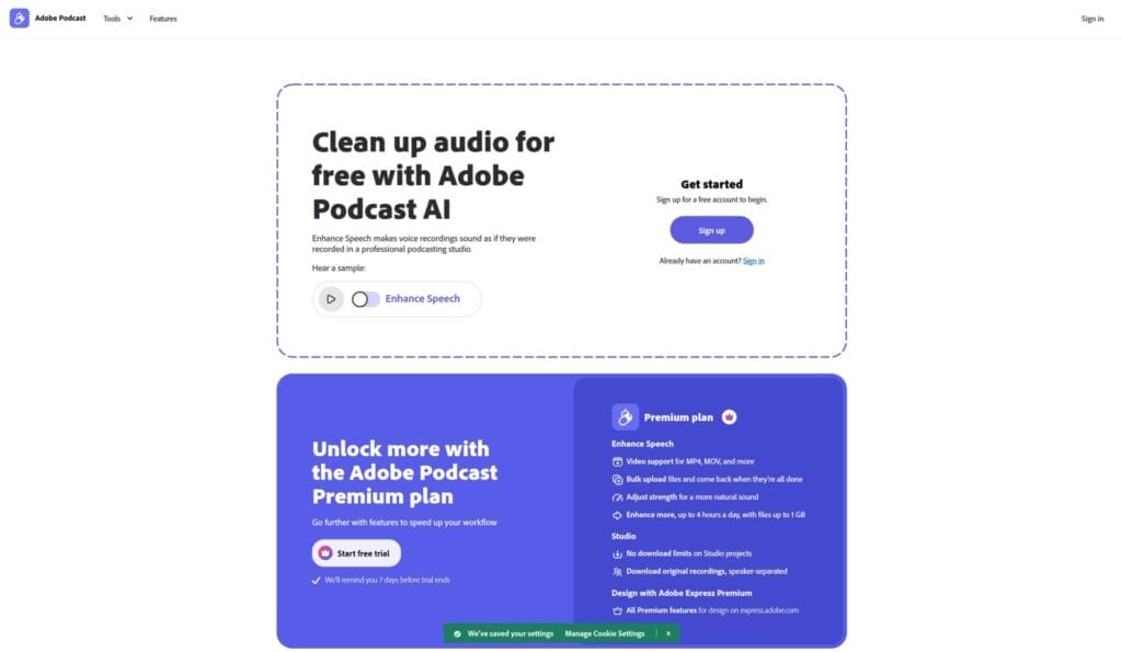 Captura de pantalla de la página web de Adobe Podcast que muestra herramientas de IA para la limpieza de audio, con opciones para planes gratuitos y premium. Se muestran botones destacados para la prueba y el registro, junto con funciones destacadas que pueden transformar tu vida a través de tecnología de vanguardia.