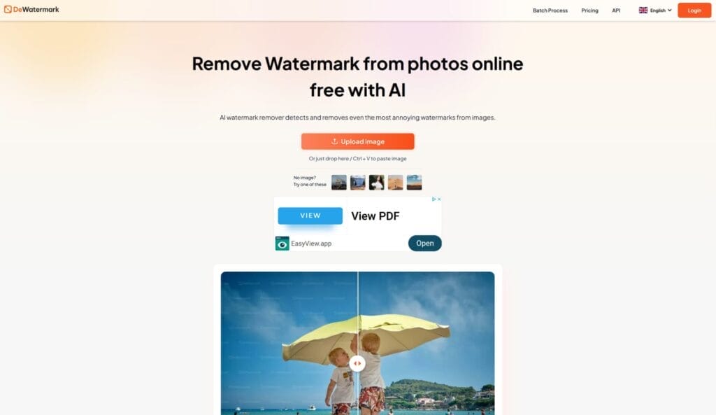 Experimente el poder de la IA con nuestra interfaz de sitio web para eliminar marcas de agua de fotos en línea. Cargue imágenes sin esfuerzo, visualice un PDF y obtenga una vista previa de una imagen cautivadora de dos personas bajo una sombrilla amarilla en una playa. Adopte las herramientas de IA para transformar su vida en edición digital.