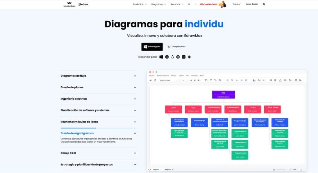 Captura de pantalla de una página web que presenta una herramienta de diagramas de flujo. En la parte superior se lee "Diagramas para individuos". La barra lateral enumera categorías y la sección principal muestra una interfaz de diseño de diagramas de flujo colorida, que ofrece una oportunidad creativa para que los usuarios integren sus ideas sin problemas.