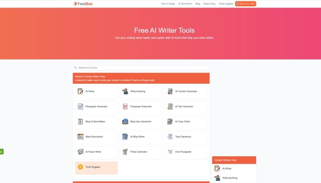 Captura de pantalla del sitio web ToolBaz que muestra varias herramientas gratuitas de redacción de IA, entre ellas AI Writer, Generadores de Historias y Language Translator, todas con un fondo de encabezado en rosa y naranja vibrantes. Perfecta para explorar nuevas oportunidades creativas en el mundo de la inteligencia artificial.