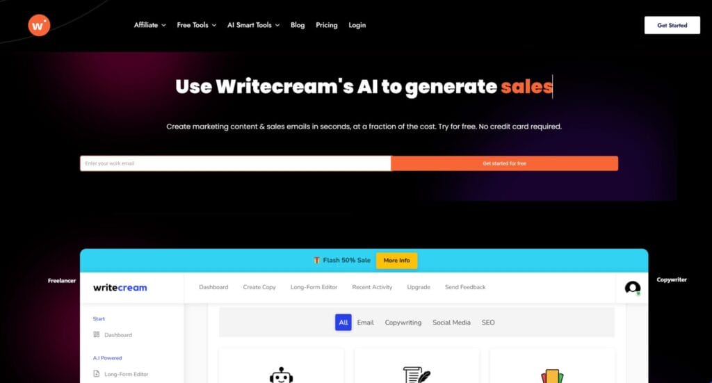 Captura de pantalla del sitio web de Writecream que muestra herramientas de inteligencia artificial para generar ventas, con encabezados para crear contenido de marketing y herramientas como correo electrónico, redacción de textos publicitarios y redes sociales. Descubra la Oportunidad Creativa con Inteligencia Artificial para mejorar sus estrategias de marketing.