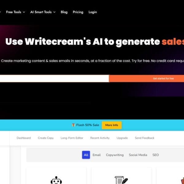 Generadores de Historias con Inteligencia Artificial Captura de pantalla del sitio web de Writecream que muestra herramientas de inteligencia artificial para generar ventas, con encabezados para crear contenido de marketing y herramientas como correo electrónico, redacción de textos publicitarios y redes sociales. Descubra la Oportunidad Creativa con Inteligencia Artificial para mejorar sus estrategias de marketing.