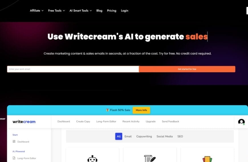 Generadores de Historias con Inteligencia Artificial Captura de pantalla del sitio web de Writecream que muestra herramientas de inteligencia artificial para generar ventas, con encabezados para crear contenido de marketing y herramientas como correo electrónico, redacción de textos publicitarios y redes sociales. Descubra la Oportunidad Creativa con Inteligencia Artificial para mejorar sus estrategias de marketing.