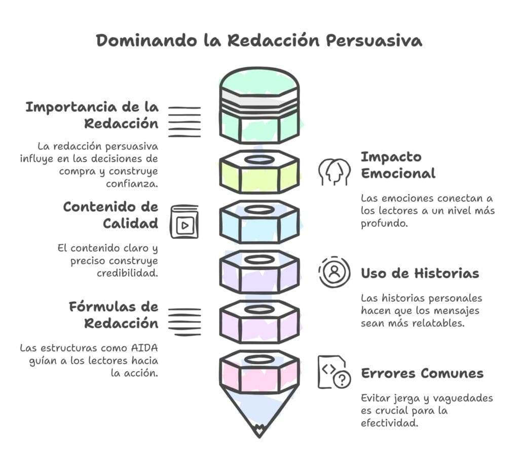 Sumérgete en nuestra infografía sobre cómo dominar la escritura persuasiva, que muestra estrategias de redacción que enfatizan el contenido de calidad y el impacto emocional. Aprende técnicas de narración, explora la fórmula AIDA y evita errores comunes para convertir a tu audiencia de manera efectiva.