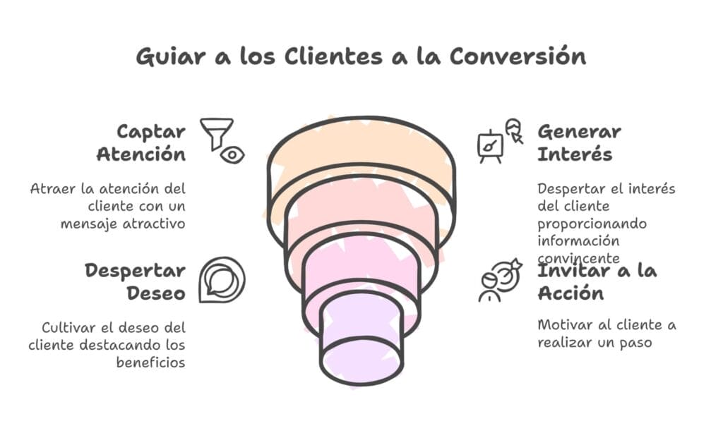 Infografía de un embudo de ventas titulado "Guiar a los Clientes a la Conversión", que ilustra los pasos: Capta Atención, Despierta Interés, Despierta Deseo e Invita a la Acción. Destacando estrategias de contenido efectivas para cada etapa.Estrategias de Redacción