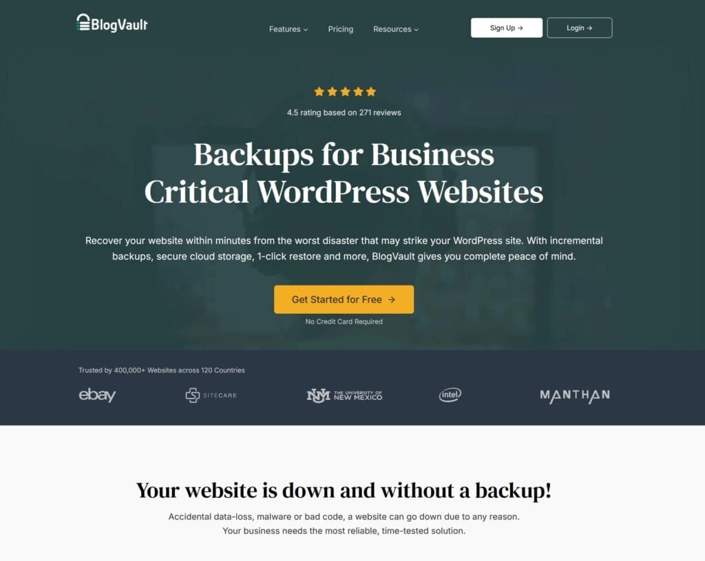 plugins para copias de seguridad en WordPress: BLOGVAULTUn sitio web ofrece copias de seguridad de WordPress esenciales para la empresa con un botón de llamada a la acción para servicios de copia de seguridad gratuitos, mediante complementos avanzados de copias de seguridad. Los logotipos de eBay, The Times Group y otros se muestran de forma destacada a continuación.