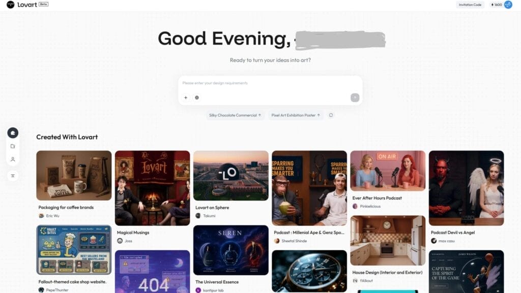Captura de pantalla del panel de control de un sitio web de carteras creativas Lovart que muestra un saludo, una barra de búsqueda y varias miniaturas de proyectos de Diseño Creativo.
