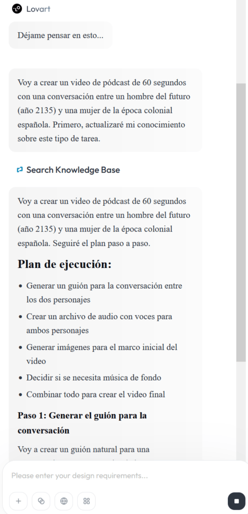 Captura de pantalla de una página web que muestra a un usuario redactando un vídeo podcast de 60 segundos, impulsado por Inteligencia Artificial, sobre una conversación entre un hombre y una mujer del futuro de la literatura clásica española, con un plan de ejecución paso a paso.