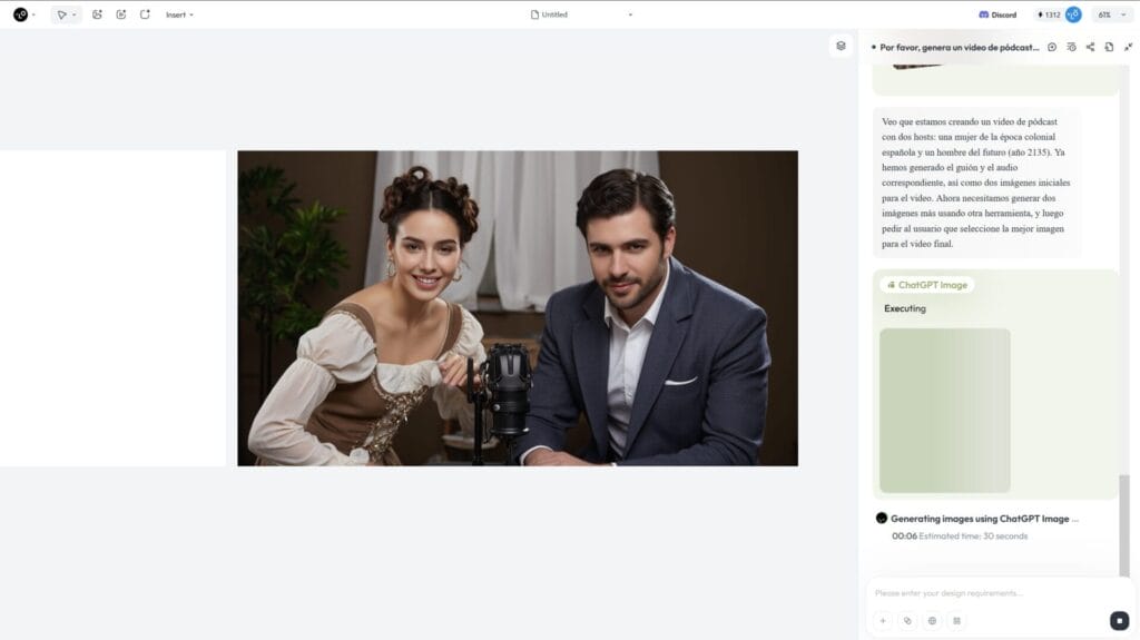 Una mujer con un vestido histórico marrón y un hombre con un traje moderno sonríen a la cámara mientras están sentados junto a una cámara antigua, captando un momento de Diseño Creativo en interiores.