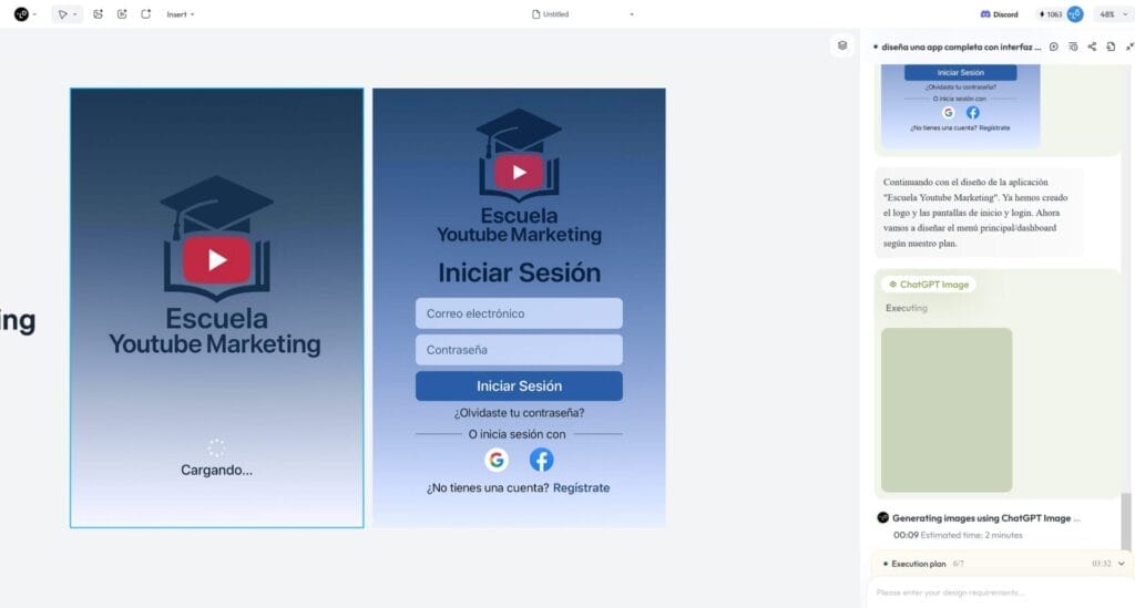 Lovart: Dos pantallas de una aplicación móvil para "Escuela Youtube Marketing" de Lovart; la izquierda muestra una página de carga, mientras que la derecha muestra un formulario de inicio de sesión con opciones de correo electrónico, contraseña e inicio de sesión social mejoradas por Inteligencia Artificial.