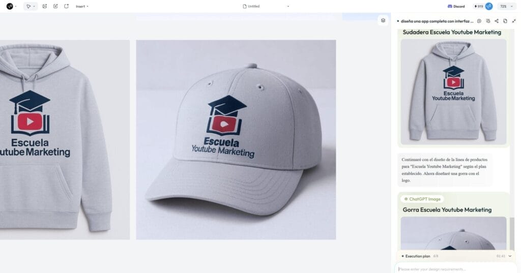 lovart: Una sudadera con capucha gris claro y una gorra muestran el logotipo "Escuela Youtube Marketing", con una gorra de graduación sobre el icono de un botón de reproducción, resaltando un Diseño Creativo que refleja innovación y estilo.