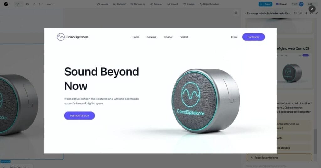 Lovart: La Revolución de la Inteligencia Artificial en Diseño Creativo 11 Un moderno sitio web muestra un altavoz inalámbrico cilíndrico con la marca "ComuDigitalscore", el eslogan "Sound Beyond Now" y un botón "Select to cart", perfecto para elevar tu audio con estilo lovart.
