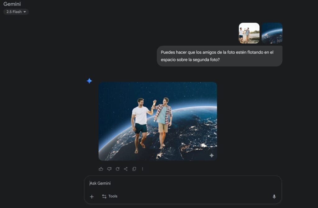 Edición de imágenes en Gemini: un salto enorme en creatividad digital 14 Edición de imágenes en Gemini:Dos personas se chocan los cinco mientras flotan sobre la Tierra en el espacio exterior, mostrando creatividad digital y Edición de imágenes, con la superficie y la atmósfera del planeta visibles bajo ellos.