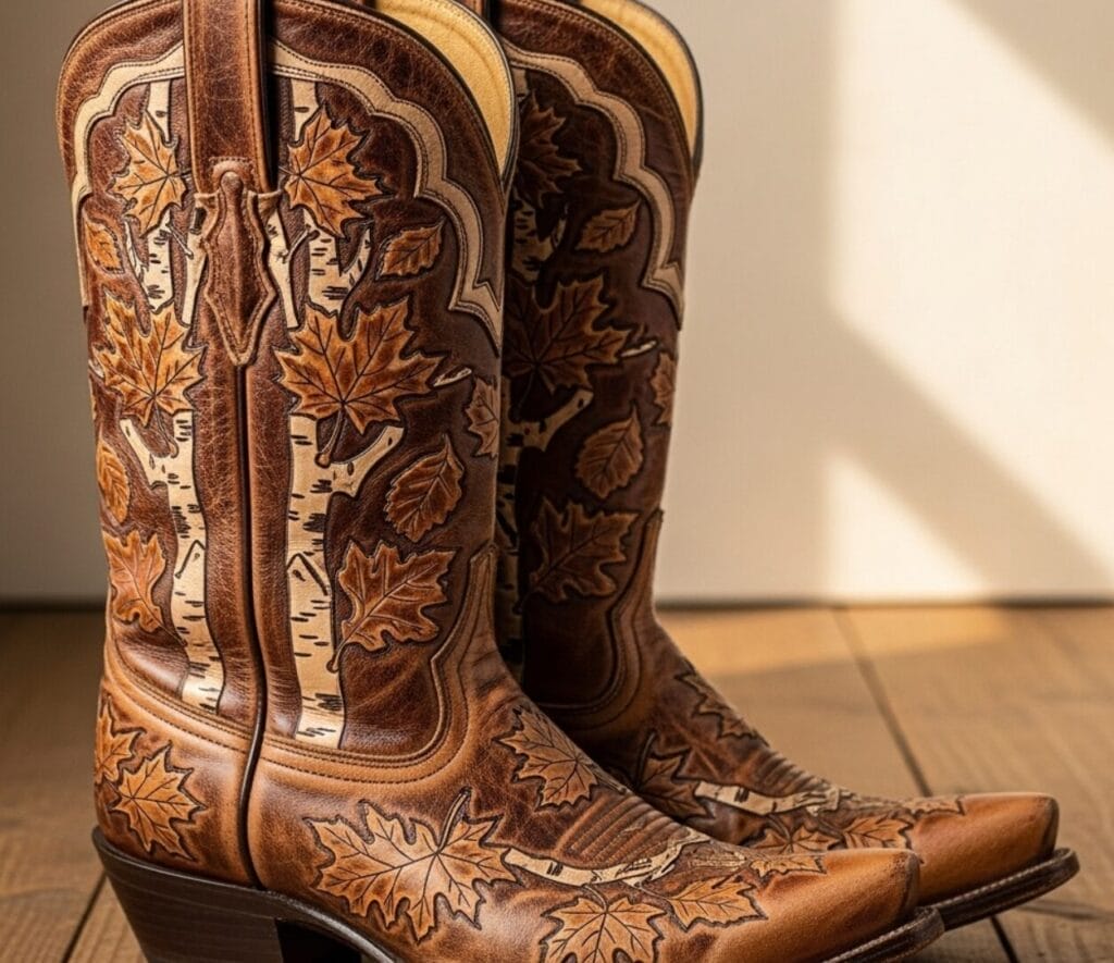 Edición de imágenes en Gemini: un salto enorme en creatividad digital 16 Edición de imágenes en Gemini: Un par de botas vaqueras de cuero marrón con diseños de hojas de arce y árboles tallados, colocadas sobre un suelo de madera con luces y sombras de fondo, realzadas con Edición de imágenes en Gemini.