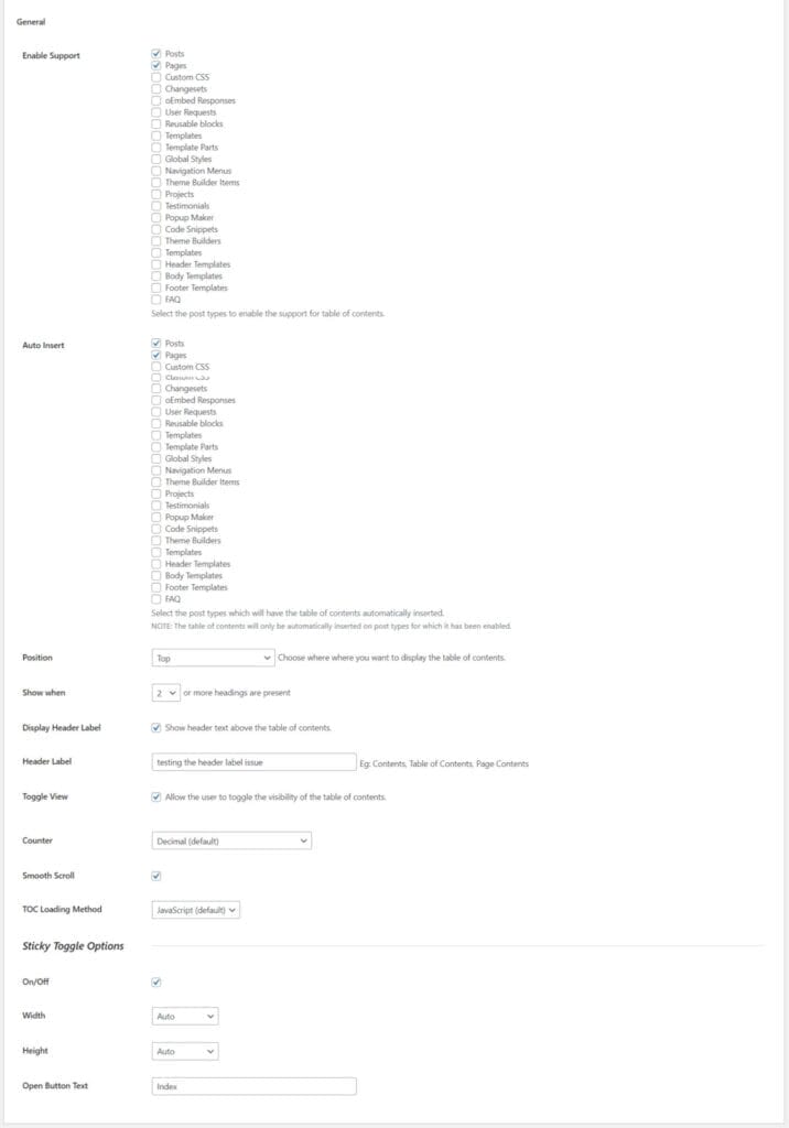 Captura de pantalla de la configuración de un complemento de documentos, que muestra opciones para habilitar la compatibilidad con varios tipos de publicaciones, inserción automática, posición, condiciones de visualización, etiqueta de encabezado, tipo de contenido, contador y más. Perfecto para quienes buscan crear una tabla de contenidos en WordPress sin esfuerzo.
