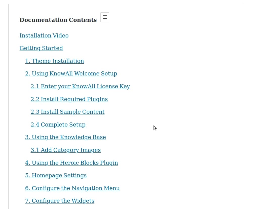 Crear tabla de contenidos en WordPress -  Heroic Table of Contents Captura de pantalla de una página de "Contenido de la documentación" que enumera varios pasos de instalación y configuración, incluida la instalación de temas, el uso de complementos, la configuración de la página de inicio, la creación de una tabla de contenidos en WordPress y la configuración de widgets.