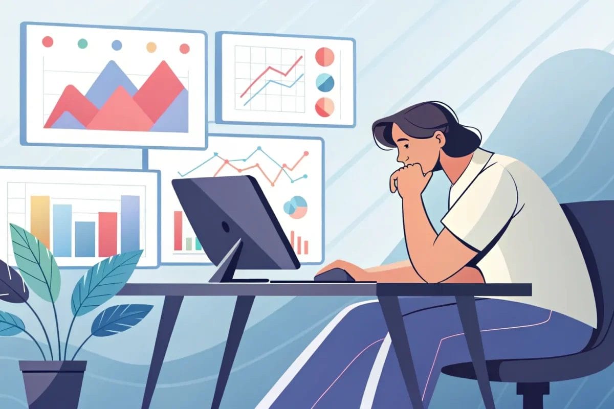 En una oficina moderna, una persona está sentada en un escritorio con un ordenador, analizando tablas y gráficos que aparecen en varios monitores, haciendo un seguimiento de los contenidos virales y los cortos de YouTube que marcan tendencia.