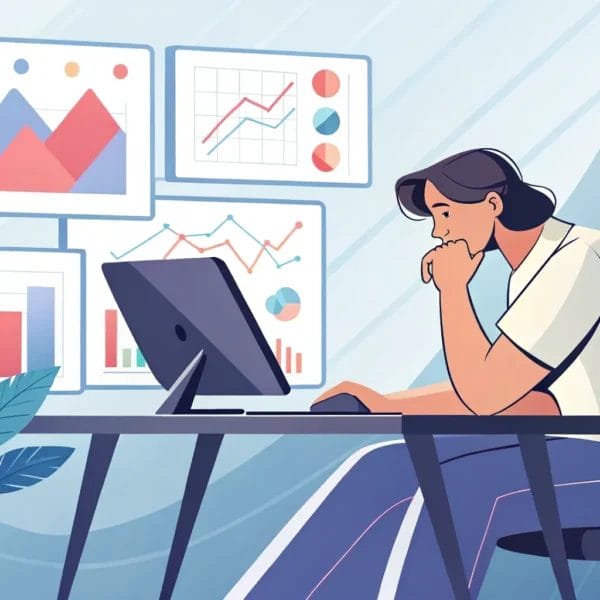 En una oficina moderna, una persona está sentada en un escritorio con un ordenador, analizando tablas y gráficos que aparecen en varios monitores, haciendo un seguimiento de los contenidos virales y los cortos de YouTube que marcan tendencia.