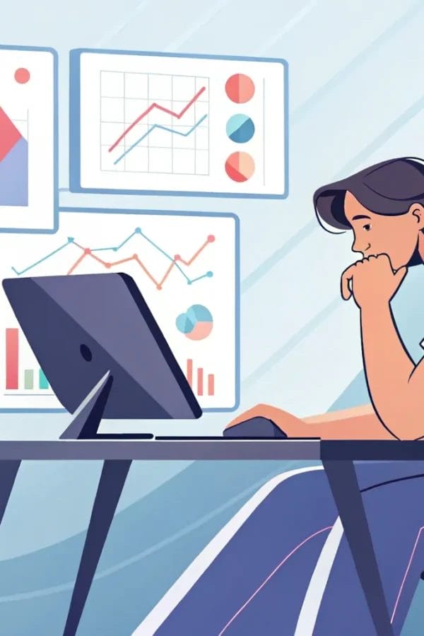 En una oficina moderna, una persona está sentada en un escritorio con un ordenador, analizando tablas y gráficos que aparecen en varios monitores, haciendo un seguimiento de los contenidos virales y los cortos de YouTube que marcan tendencia.