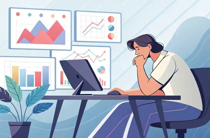 En una oficina moderna, una persona está sentada en un escritorio con un ordenador, analizando tablas y gráficos que aparecen en varios monitores, haciendo un seguimiento de los contenidos virales y los cortos de YouTube que marcan tendencia.