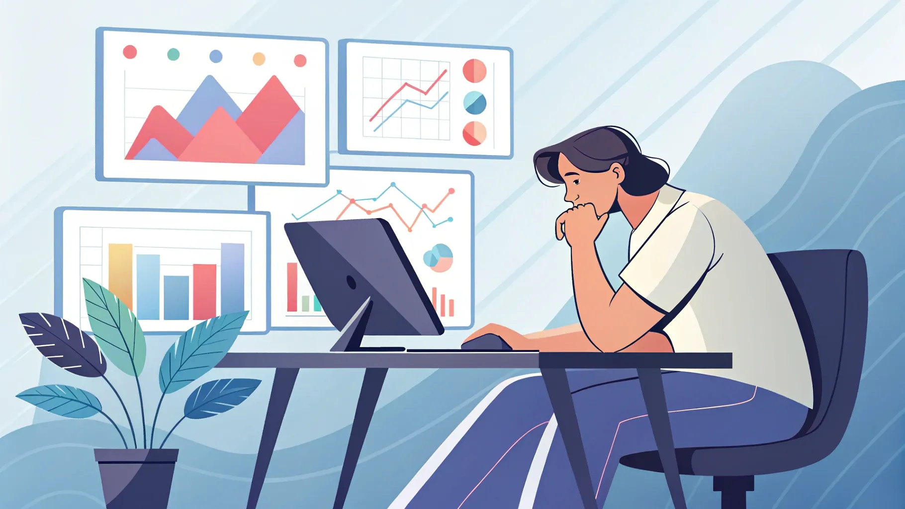 En una oficina moderna, una persona está sentada en un escritorio con un ordenador, analizando tablas y gráficos que aparecen en varios monitores, haciendo un seguimiento de los contenidos virales y los cortos de YouTube que marcan tendencia.