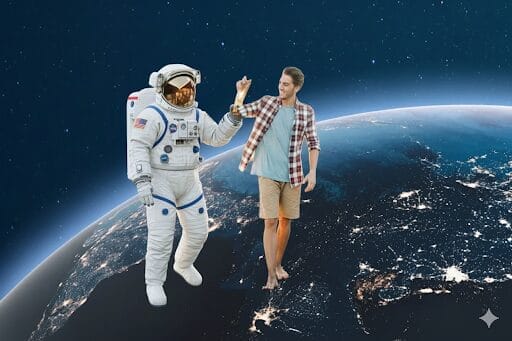 Un astronauta y un hombre vestido de manera informal se chocan los cinco en la superficie de la Tierra vista desde el espacio, mostrando creatividad digital y Edición de imágenes.